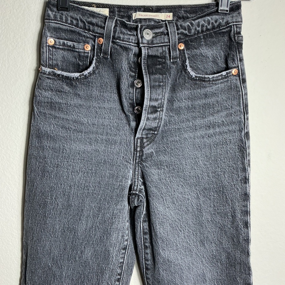 Levi's Ribcage Straight Jeans Women W24 L27 Charcoal Black High Rise Button Fly